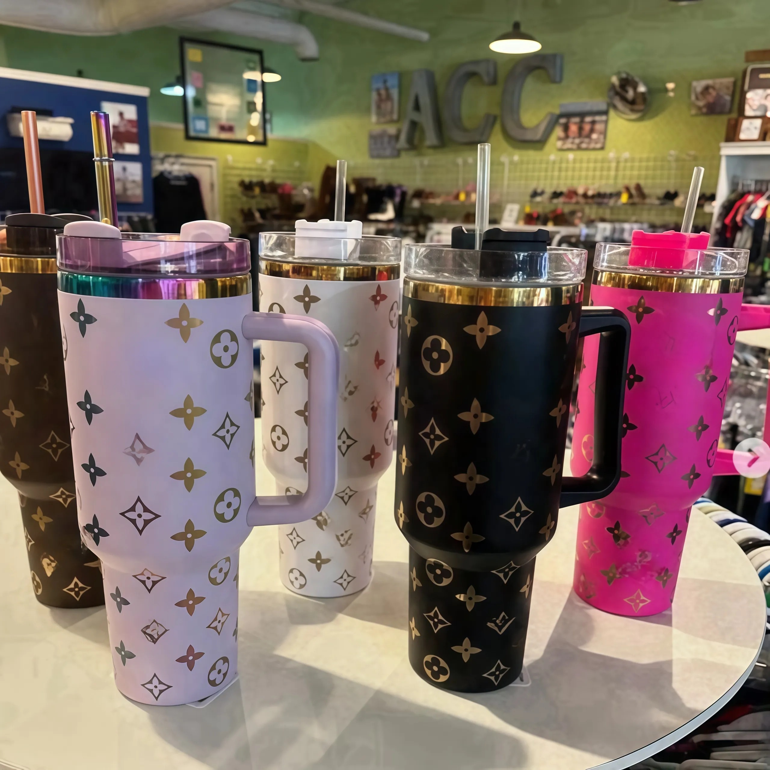 Floral 40oz Mugs Rose Blue Magnolia Tumblers Insulated Car Cups Stainless Steel Christmas Blue Green Cosmo Pink Red Water Bottle Valentine Day Gifts US STOCK
