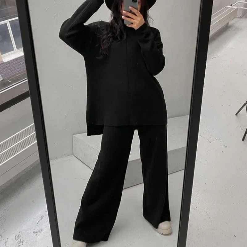 Spring and Autumn Fashion Solid Color Knitted Two Piece Set Round Neck Splicing JumperWide Leg Pants Loose Set 241230