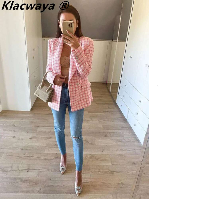 Klacwaya Jacket Pink Plaid Blazer Women Clothing Office Casual Tweed Blazers Double Breasted