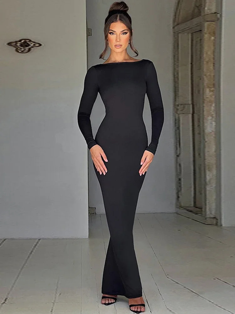 BWQ Long Sleeve Backless Ruched Maxi Dres Bodycon Sexy Party Birthday Evening Outfits 2024 Spring Summer Clothes 250103