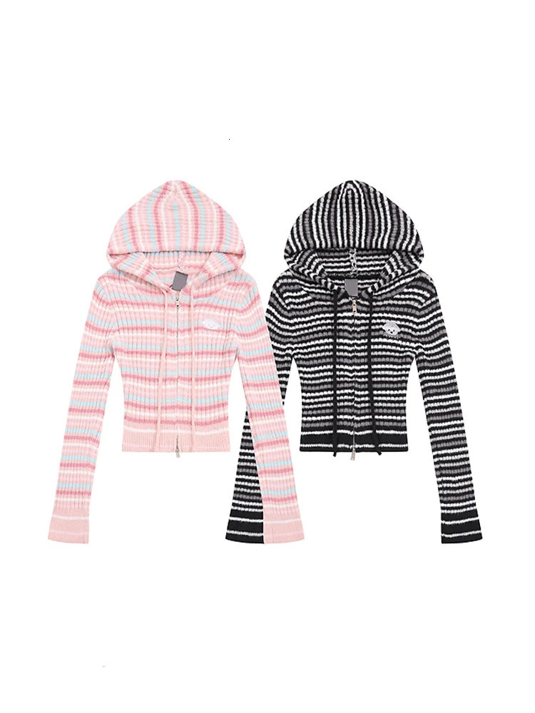 Autumn Winter Woman Korean Fashion Sweet Striped Hoodie Sweater Knitwears Long Sleeve 2000s Aesthetic Y2k Cute Core Colorful 250102
