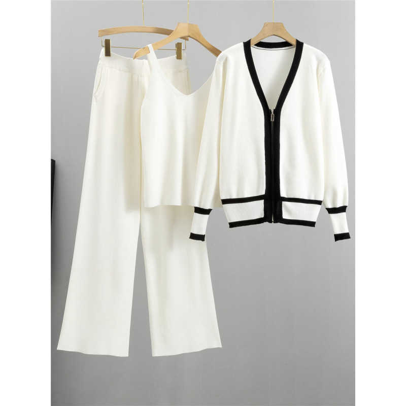 2024 Spring and Autumn New Womens European Collection Trendy Knitted Cardigan Strap Wide Leg Pants 3-piece Set