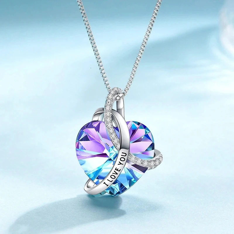 Fashion Purple Austrian Crystal Necklace I Love You Love Heart Shaped Pendant Necklaces for Women Christmas Valentines Day Gift 250106