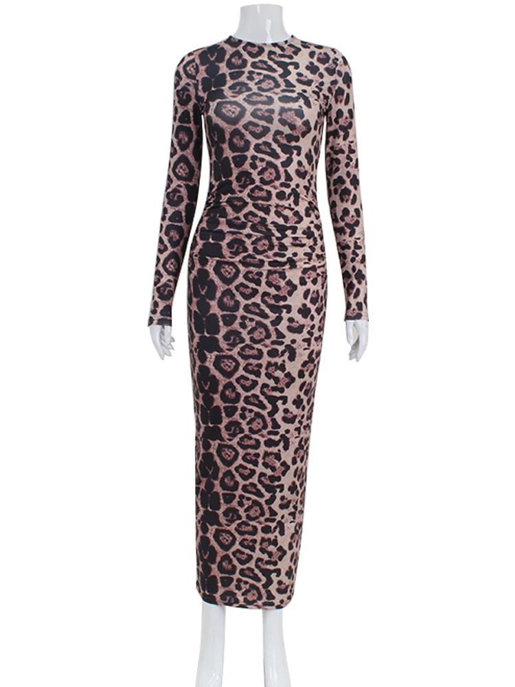CNYISHE Leopard Bodycon Sheath Sexy Club Women Dresses Long Sleeve O Neck Outfits Fashion Slim Female Vestidos Robes 250103