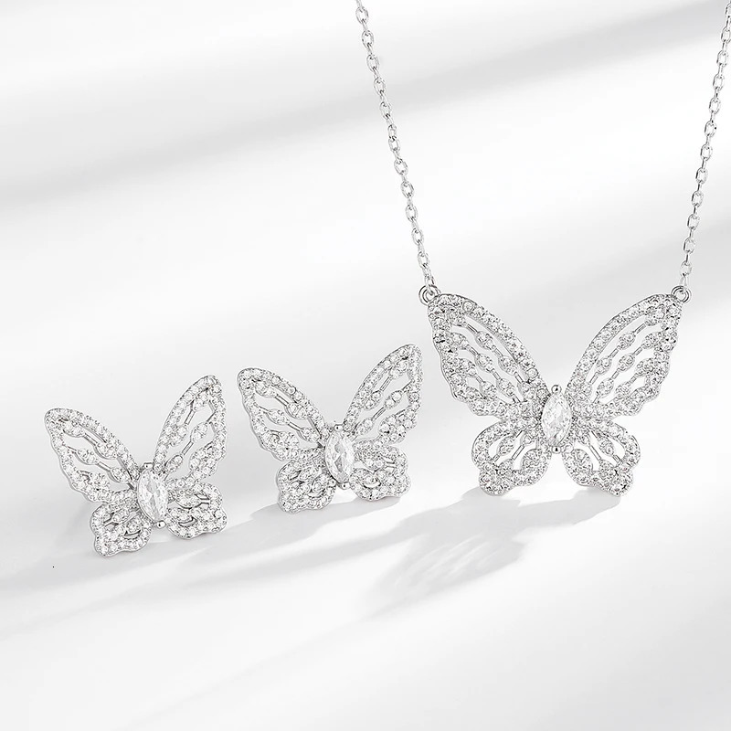 Fashion Classic Two Piece Butterfly Wings Necklace Earnail Zircon Jewelry Set Anniversary Party Gift S 250102