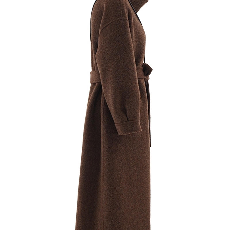 EAM Brown Big Size Thick With Bag Woolen Coat Sand Collar Long Sleeve Women Jacket Fashion Autumn Winter CPG2032 241217
