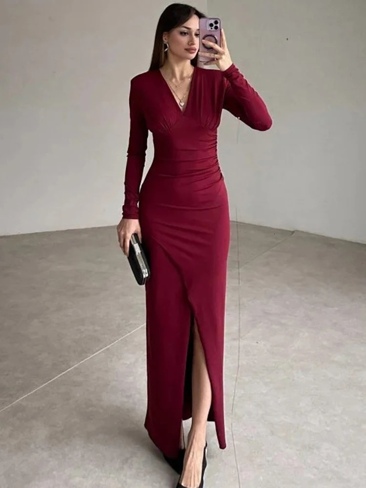 Trendix Burgundy Elegant Evening Dress Womens V-neck Ultra thin Patchwork Long Sleeve Long Dress Womens High Seam Tight Dress 2025 250103