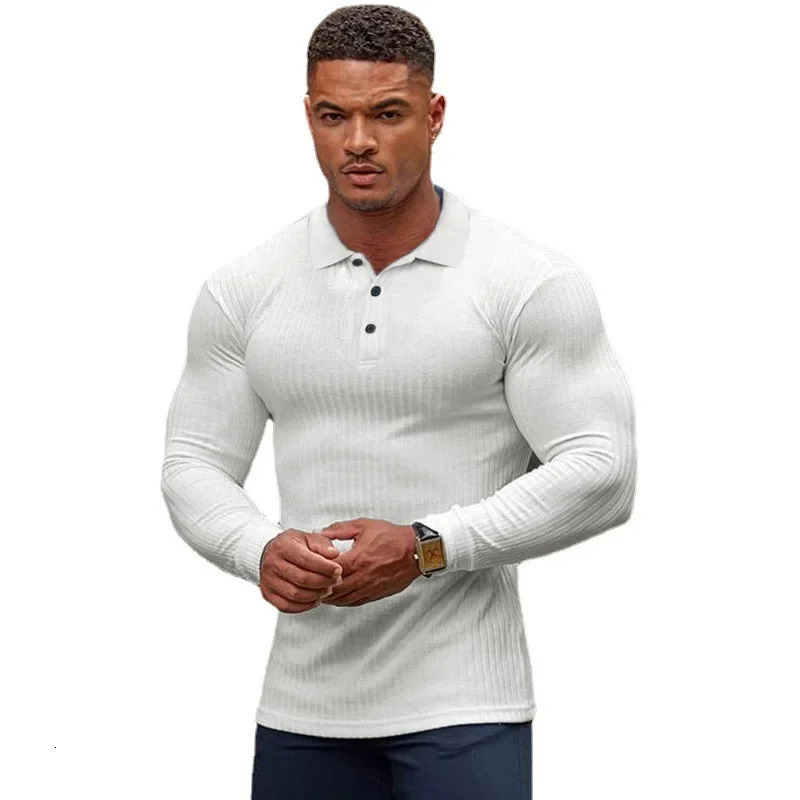 Autumn fashion knitted polo shirt mens classic white ribbed tight long sleeved polo shirt mens elastic sports shirt 250103