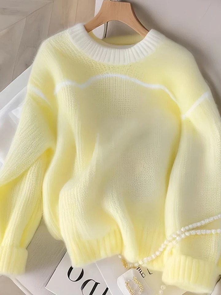 Zoki Fashion Yellow Sweet Sweaters Women Casual Loose Elegant Knitted Jumpers Korean Long Sleeve O Neck Patchwork Pullovers 250103