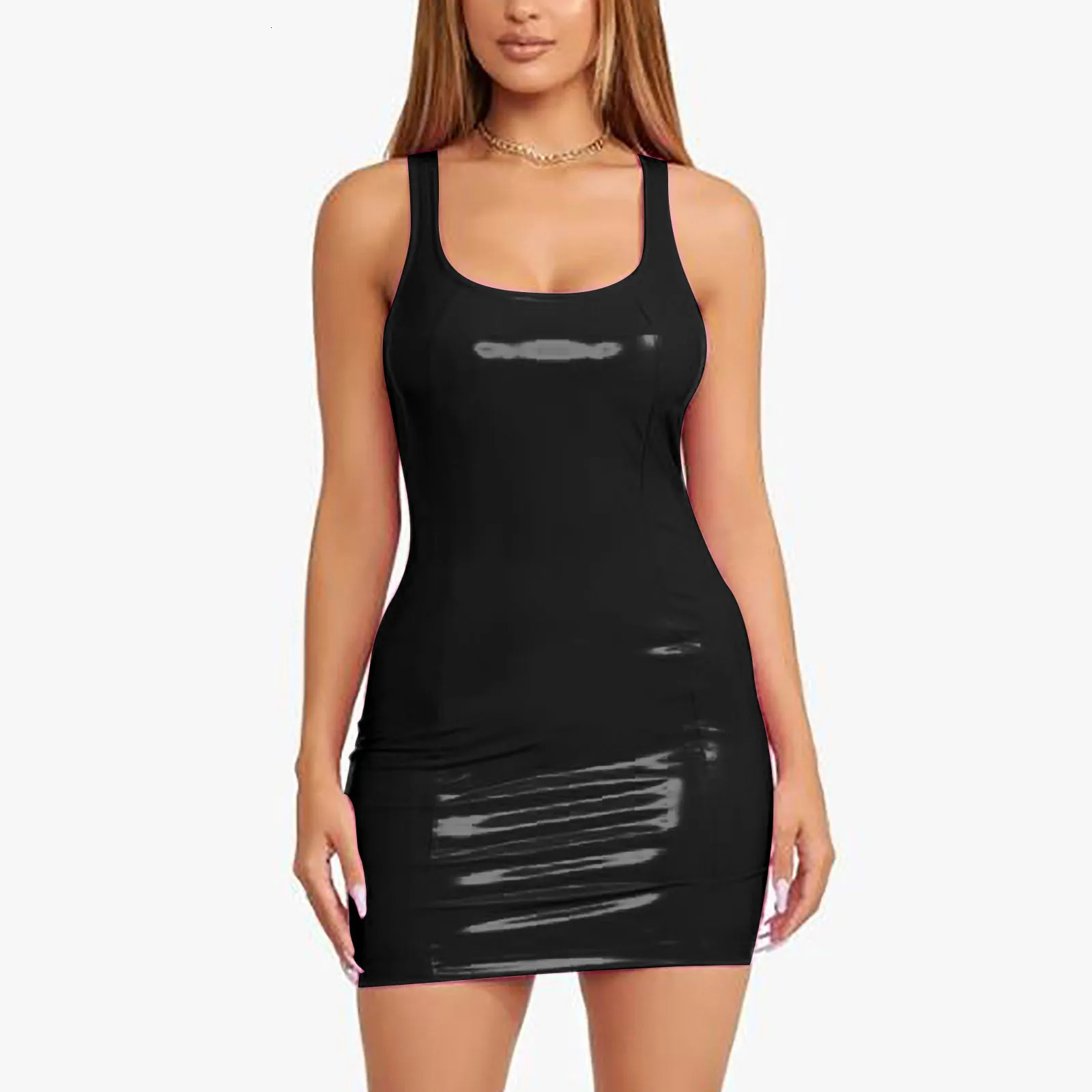 Women Dresses Evening Party Fashion Solid U Neck Sleeveless Leather Mini Bag Hip Night Club Dress Vestidos Para Mujer 250103