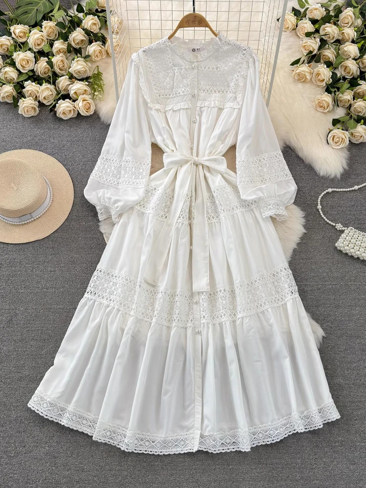 XFPV Women Sweet Temperament Lantern Sleeved Stand Collar Waistband Slim A-line Hollow Out Dress Vestidos Summer 2025 SM112 250103