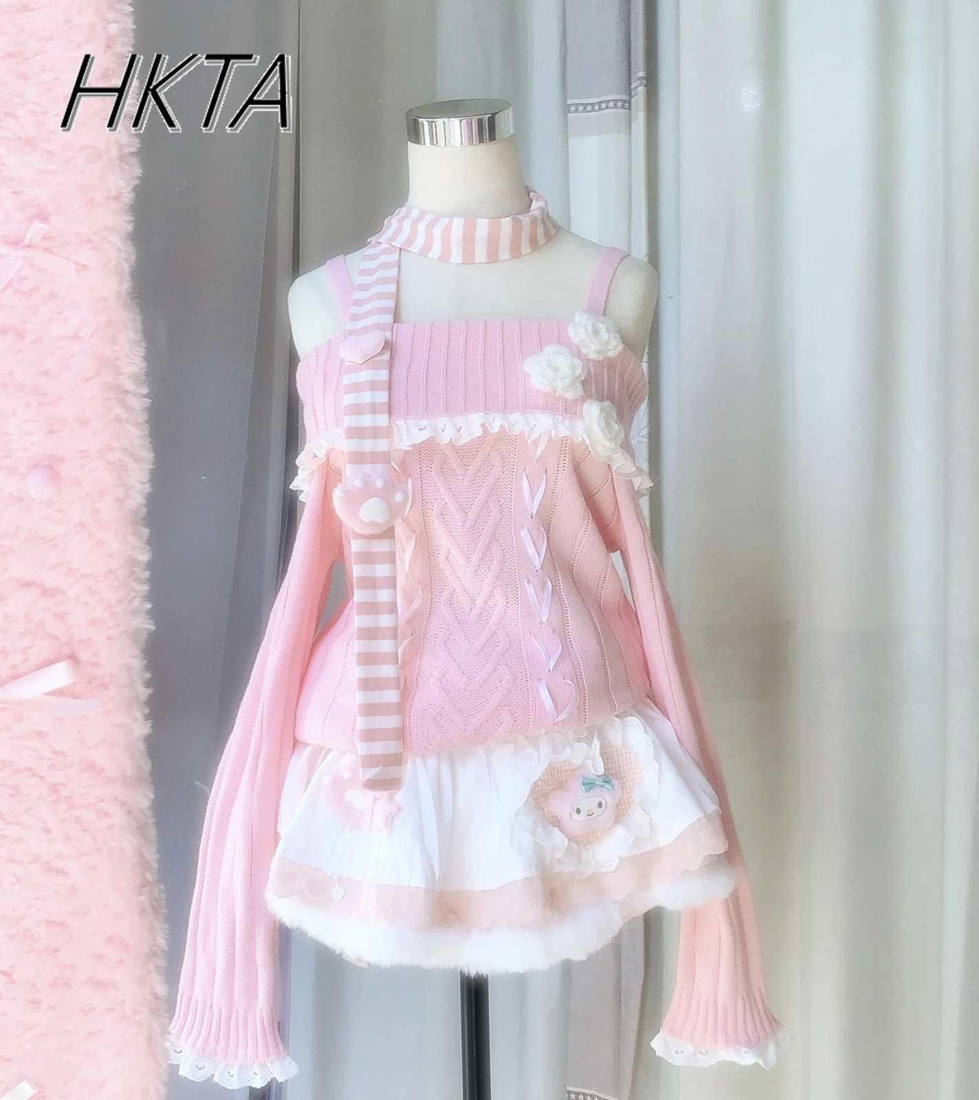 Lolita Original Handmade Sweet Kawaii Princess Sweater Women Winter Ribbon Lace Off Shoulder Pink Knitted Top 250103