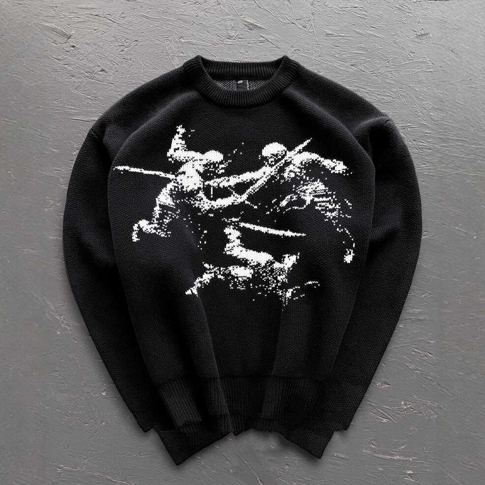 Ins knitted dark pattern jacquard round neck long sleeved high street loose sweater y2k