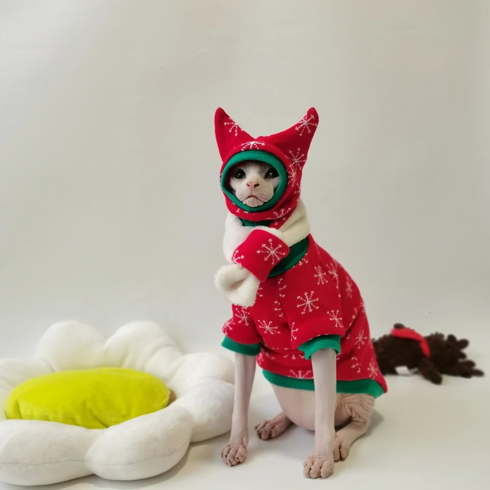 Christmas Snow Suit Clothes for Sphynx Cat Warm Sweater for Hairless Cat Winter Coat Fleece Jacket for Devon Rex Pet Product 250106