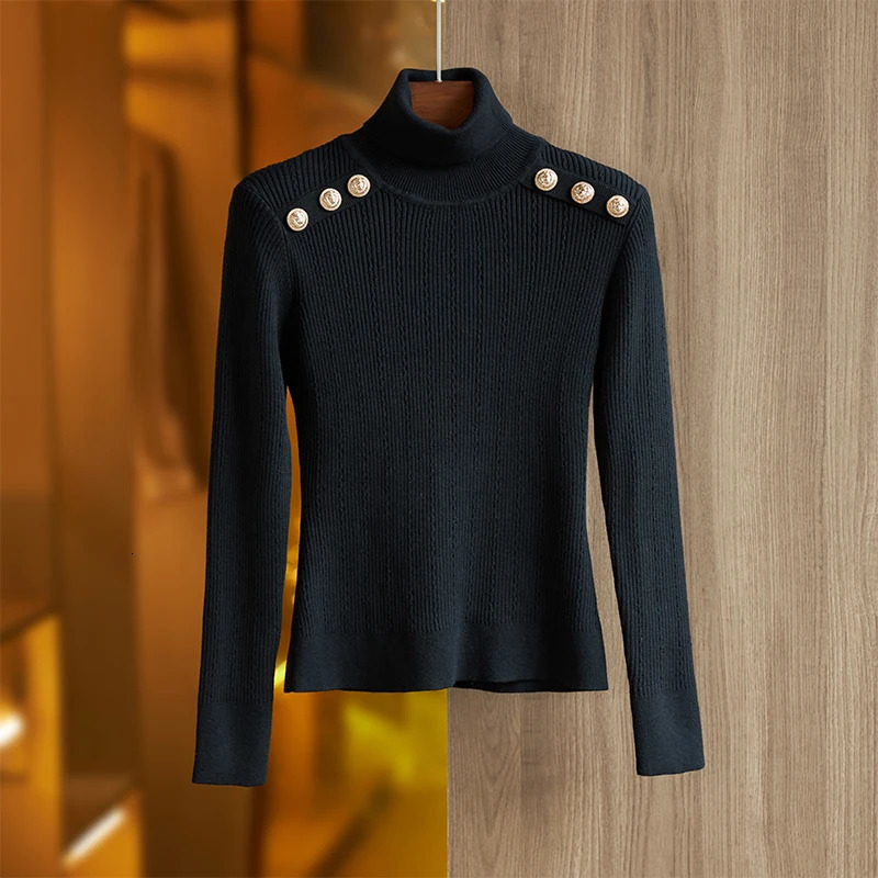 Wool Blend Luxury Turtleneck Womens Sweater Army Green Warm Winter Padder Shoulder Casual Knitted Tops 250103