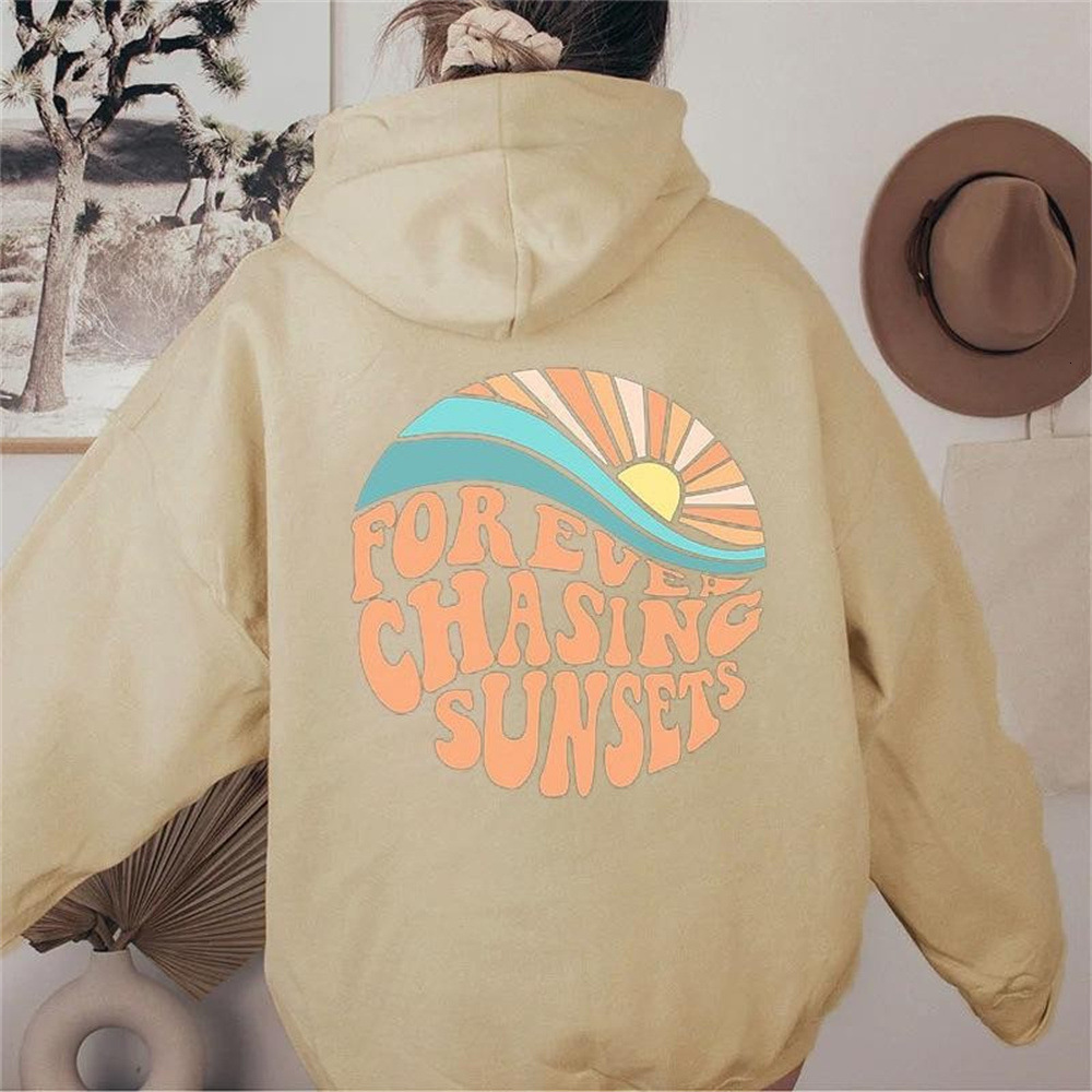 2024 American Velvet Always Chases The Sunset Kangaroo Pocket Drawstring Printed Hoodie