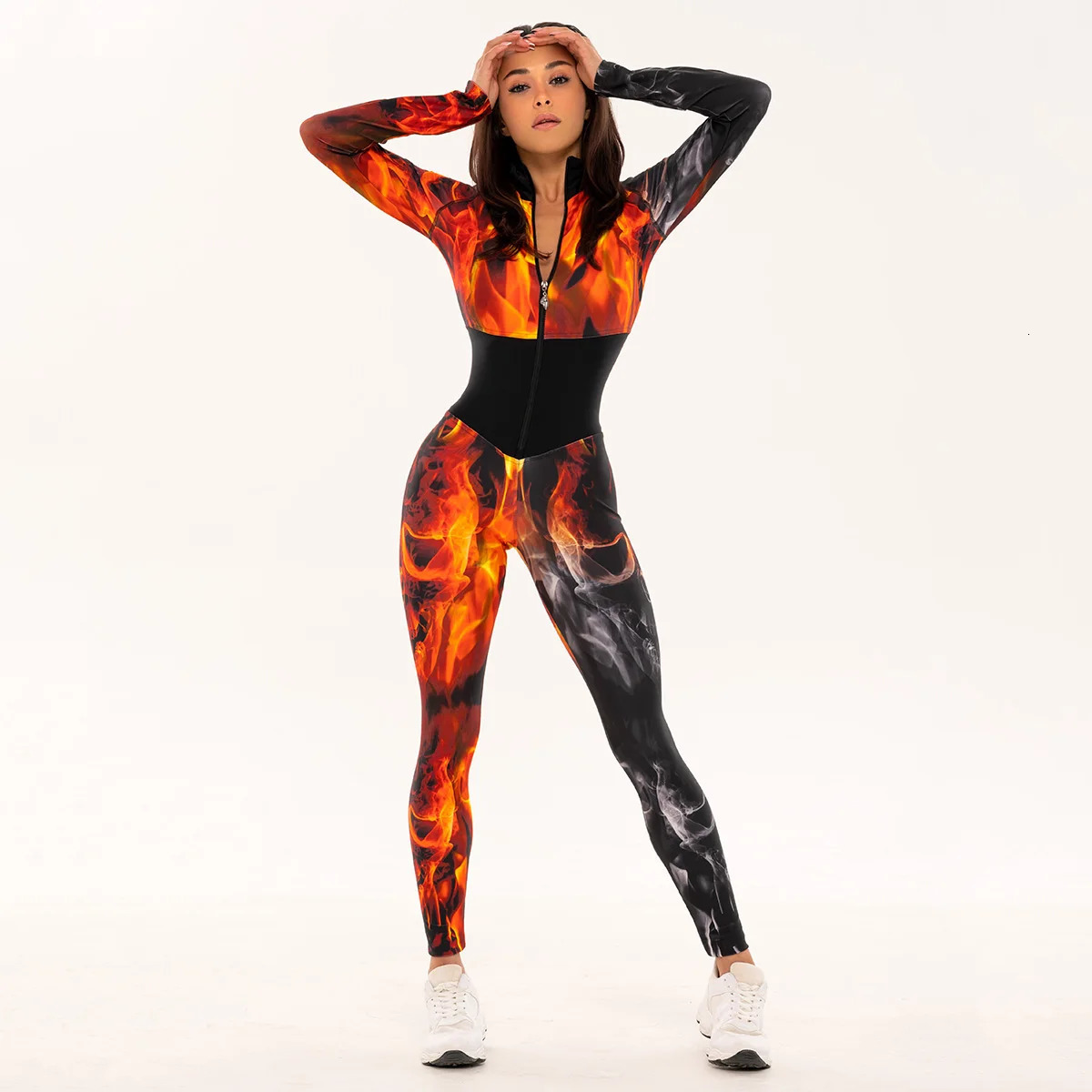 Oshoplive Fire Printed Long Sleeves Zipper Sports Jumpsuits For Women Gym One Piece Jumpsuit 250103
