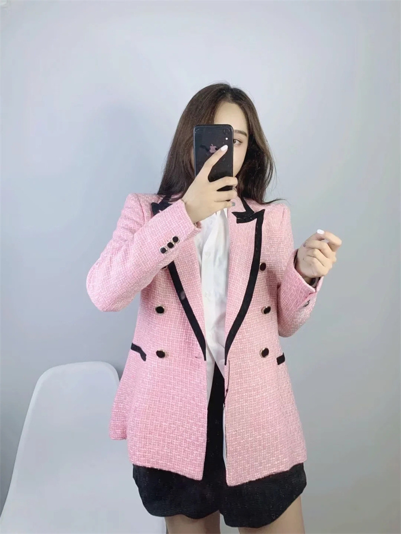 CNACNOO Women Elegant Pink Texture Double Breasted Tweed Blazer Long Sleeve Pockets Coats Female Fashion Streetwear Tops