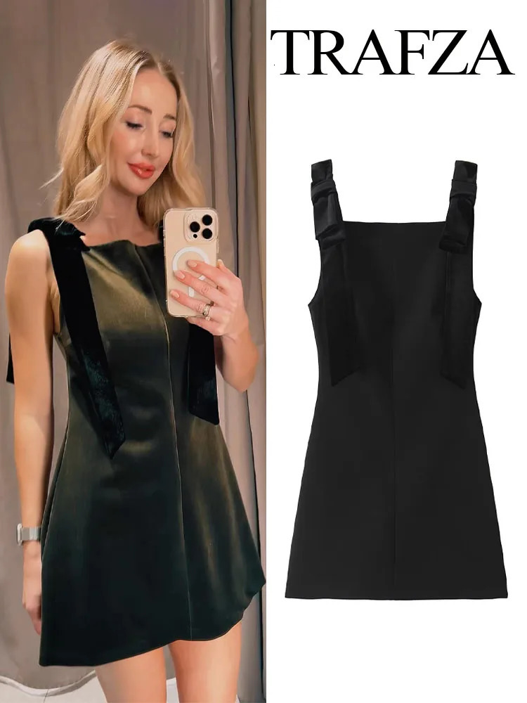 TRAFZA Women Summer Chic 3D Bow Design Mini Dress Female Fashion Sexy Sleeveless Back Zipper Slim Elegant Party Mujer 250103