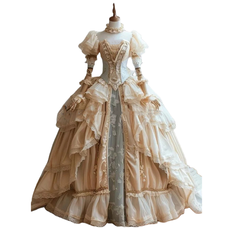 2025 Vintage Victorian Prom Dresses Short Sleeves Ruffle Tiered Ball Gown Special Occasion Dress Champagne and Silver Long Princess Evening Gowns