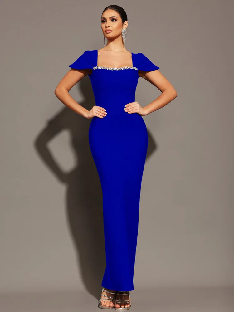 Women Celebrity Sexy Square Collar Black Red Blue Diamonds Maxi Long Bandage Dress 2025 Elegant Evening Club Party Outfit 250103