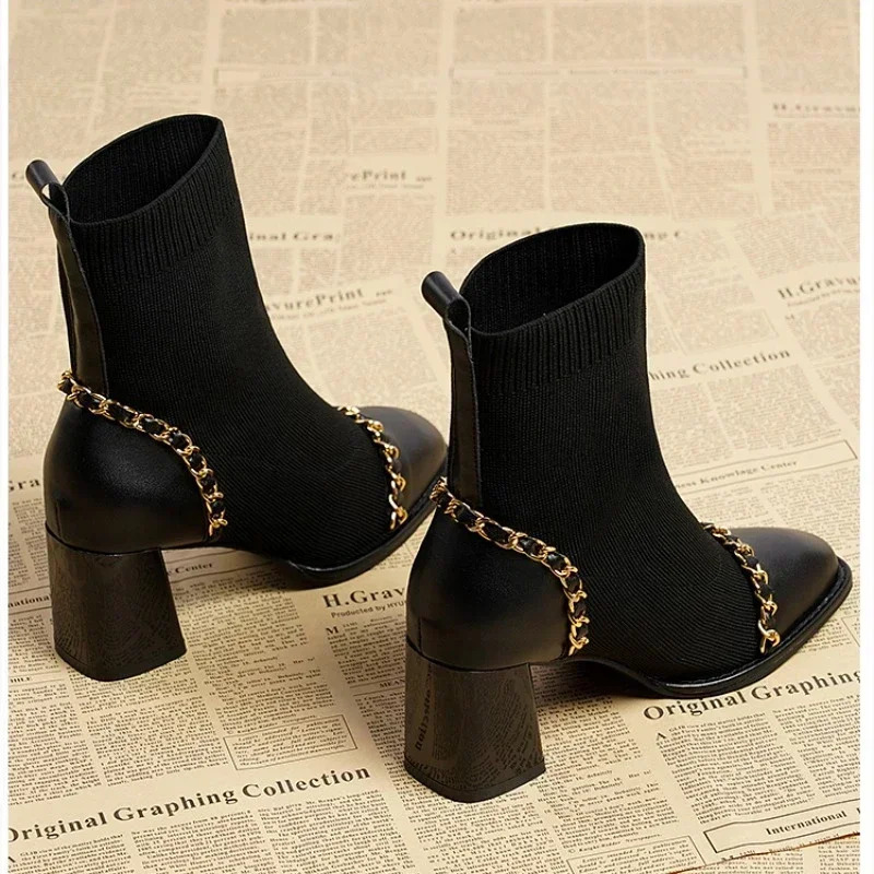 Slip on Square Toe Womens Boots Winter Solid Plush 204 Shoes for Women Warm Short Barrel Mid Heel Fashion Naked Boots 250106