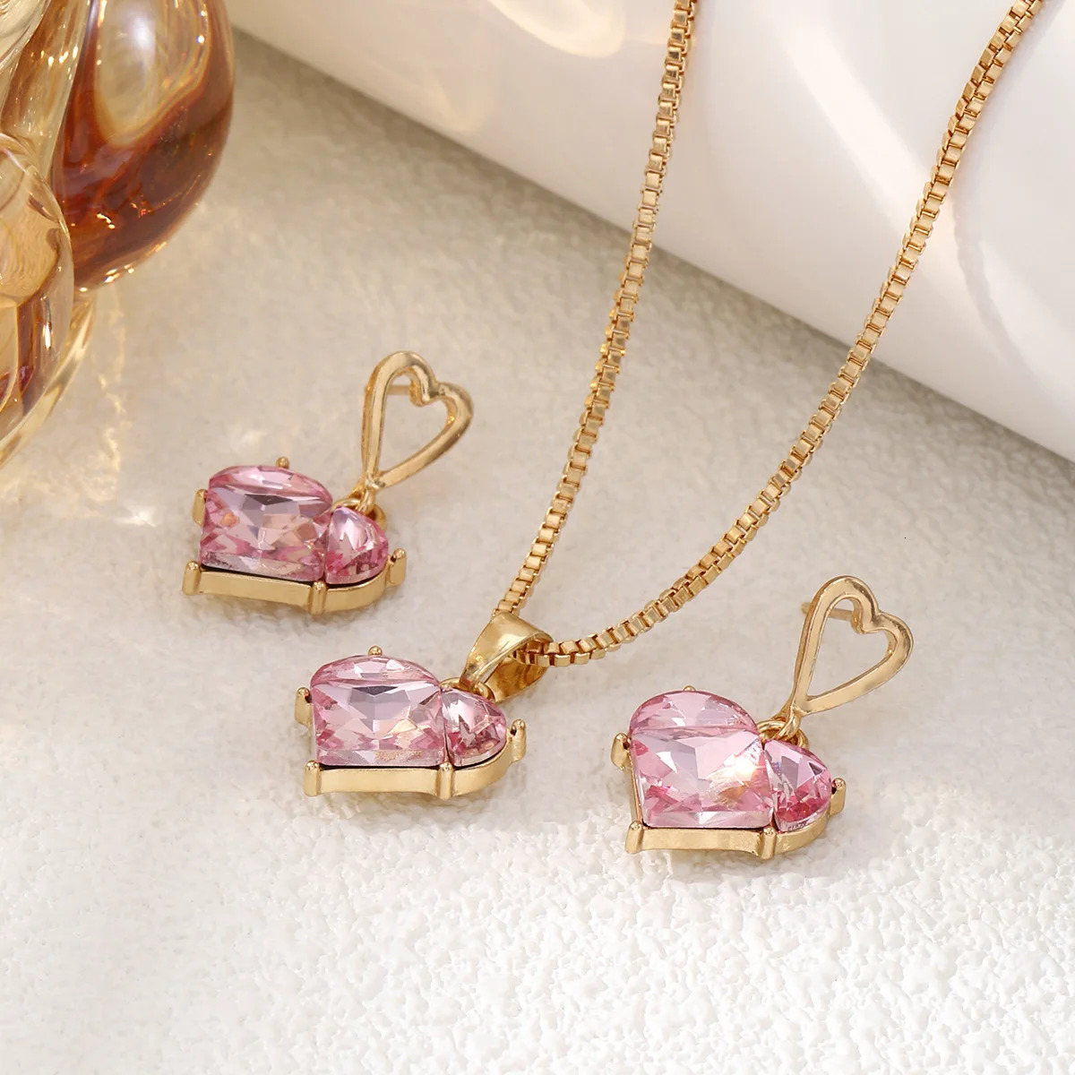 Pink Necklace High-grade Peach Heart Necklace Earrings Female PendantEarrings Jewelry Set 250102