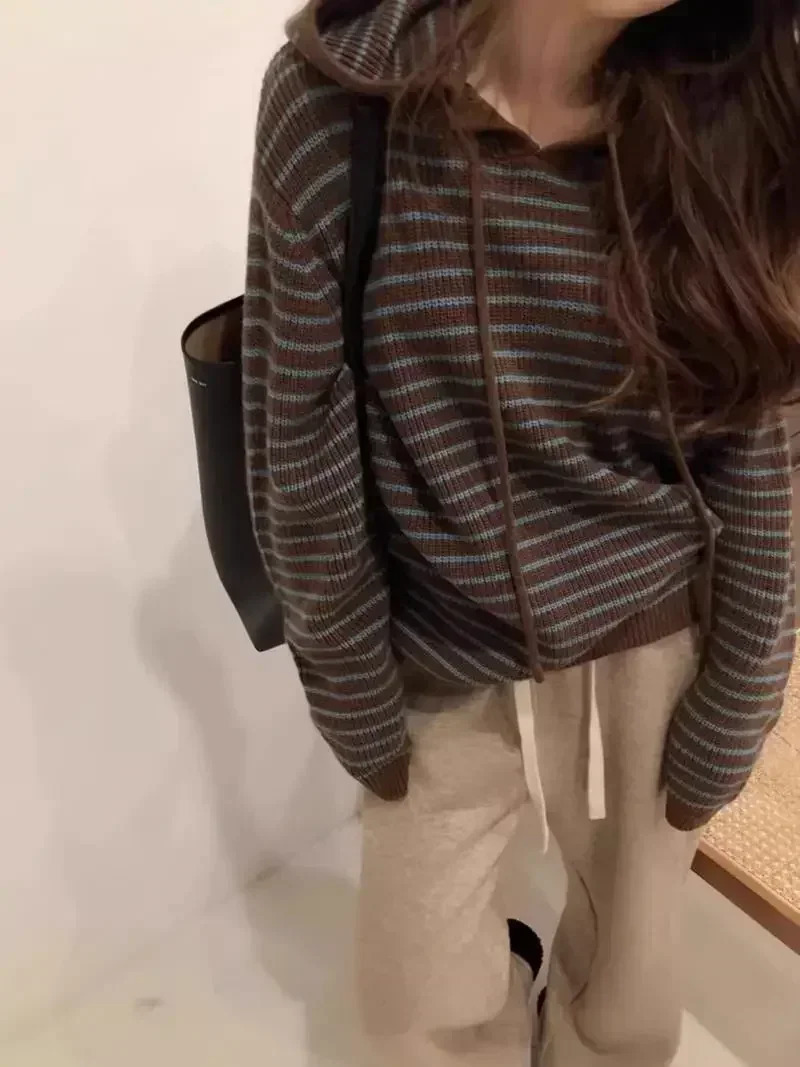 Maillard Loose Soft Glutinous Idle Sle Hood Striped sweater Outerwear Women Autumn and Winter Korean Series Knitted Top 250103