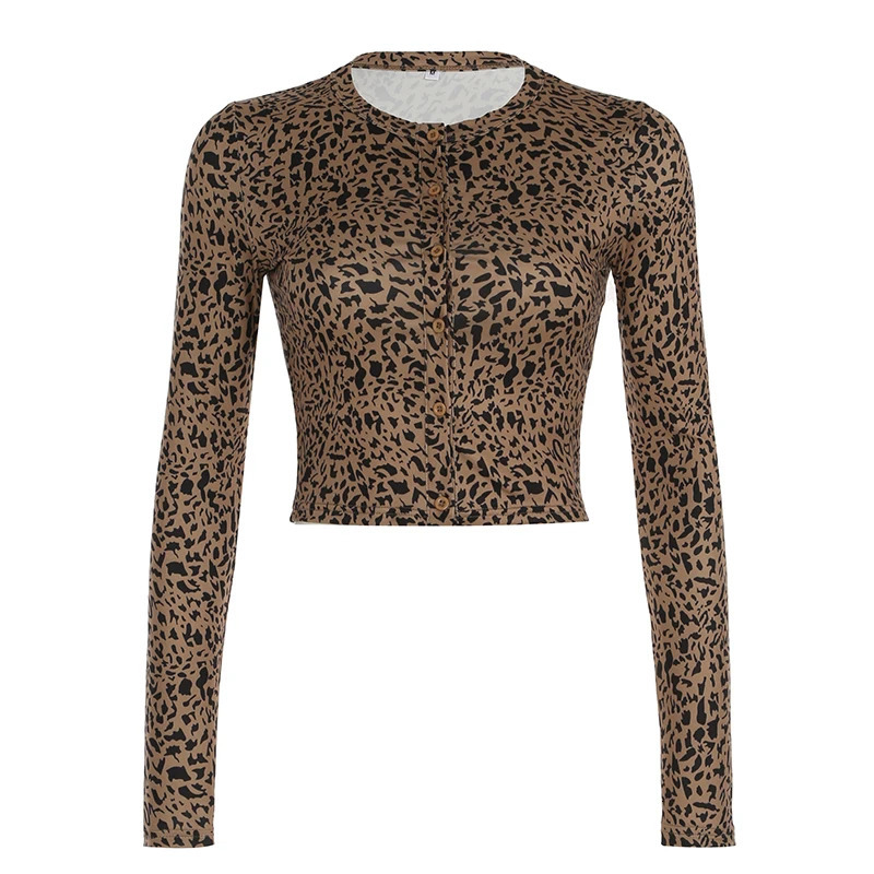 Club Sexy Leopard Fashion Slim Fit Tops Autumn Long Sleeve Button-up T-shirt Skinny Party