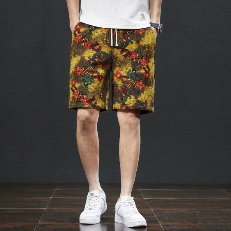 Summer Chinese Style Printed Beach Pants Mens Loose Trendy Capris Street Leisure Outdoor Shorts 250103