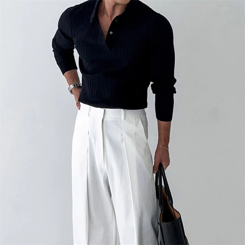 Autumn long sleeved knitted mens polo shirt solid color elegant mens polo shirt swivel neck business casual top mens clothing 250103