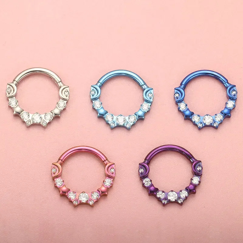ASTM F136 Star Moon with Zircon Clicker Piercing 16G Septum Hoop Nose Ring Tragus Helix Daith Hinged Earrings 250103