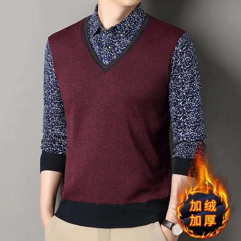 Intelligent leisure autumn mens lapel print two-piece splicing work fashion long sleeved polo shirt knitted top 250103