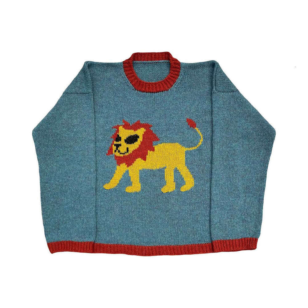 Ins knitted animal pattern jacquard round neck long sleeved high street loose sweater y2k