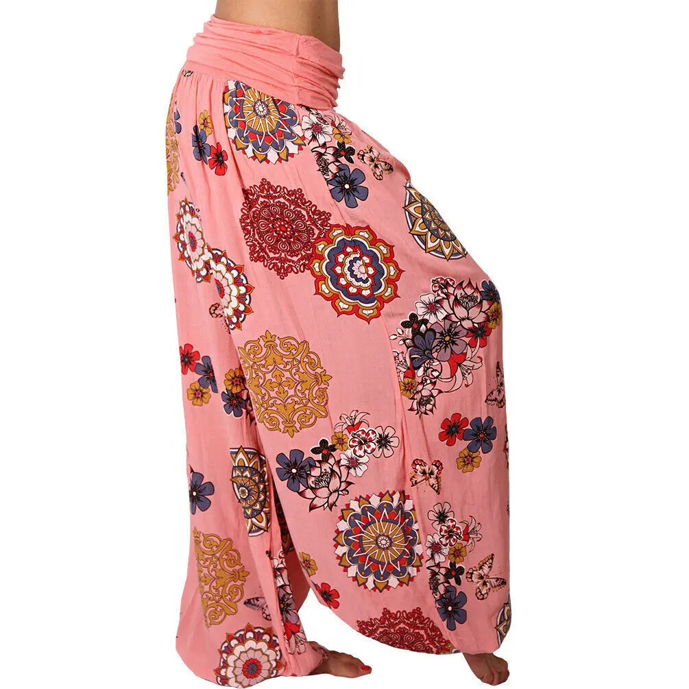 Summer Womens Fashion Floral Print Long Wide Leg Pants Elastic Waist Haren Casual 250106