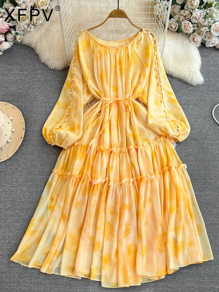 XFPV Women High Waist Mid Length Printing A-line Dresses Lantern Sleeve O-Neck Temperament Vestidos Spring Summer 2025 SM9853 250103