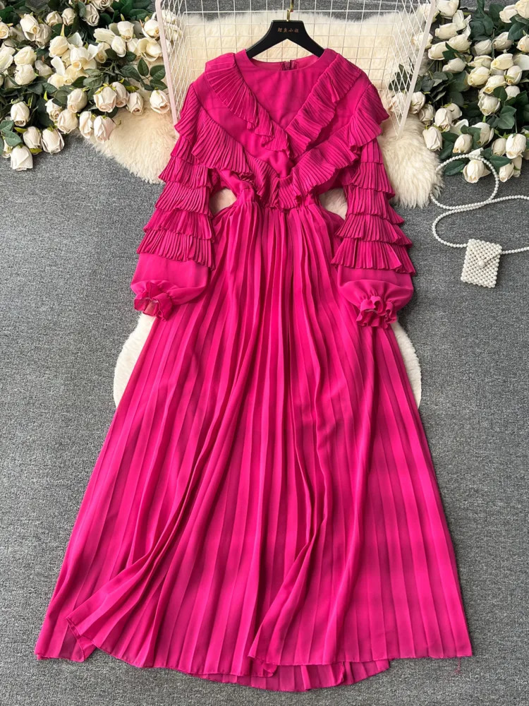 XFPV 2025 Spring Autumn Solid Slim Long Sleeve Pleated A Line V Neck Chiffon Mid-Calf Women High Waist Dress Vestidos SM5352 250103