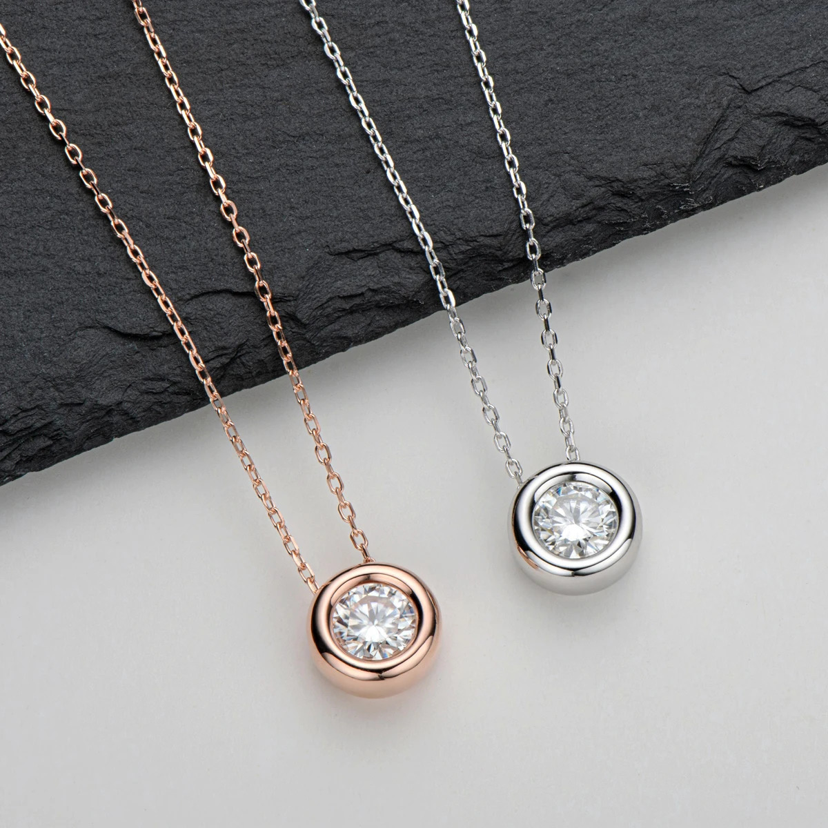 Lnngy 6.5mm Round Bezel Pendant Necklace For Women 925 Sterling Silver Clavicle Chain Necklaces Jewelry Collare Mujer 250106