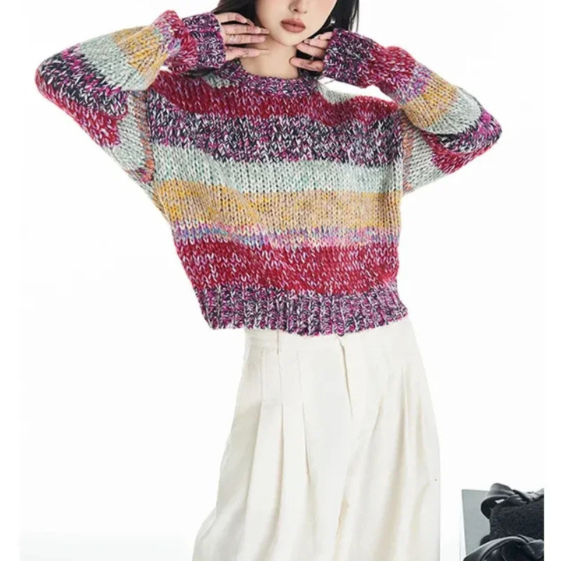 Striped Multi Color Sweater Knitted Crew Neck Jumper Drop Shoulder Rainbow Knitwear AutumnWinter Woman Clothing 250103