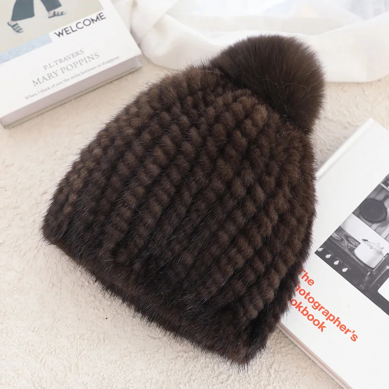 Real Mink Fur Hat For Women Thicken Female Fur Caps Ladies Winter Knitted Mink Fur Beanies With Fox Fur Pompoms Hat 250106