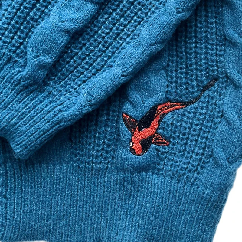Fashion Koi Fish Embroidery Sweater Women Autumn Winter Vintage V Neck Long Sleeve Knitwear Coat Y2k 250103