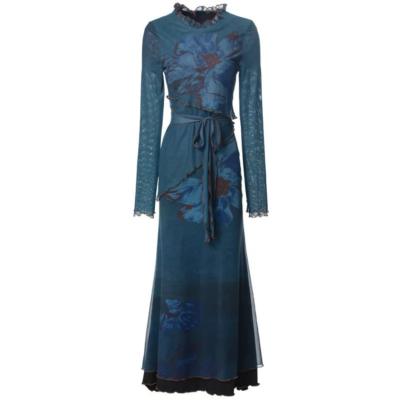 QMQA Fashion Womens Elegant Printed Dress Lace Collar Lace Upper Waist Elastic Bottom Weight Loss Dress 2025 Womens A693 250103