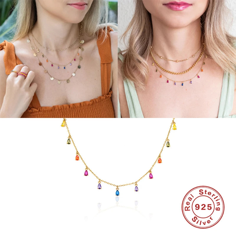 925 Sterling Silver Collar Bling Rainbow Zircon Pendant Necklace For Woman Birthday Valentines Day Party Gift Collares 250106