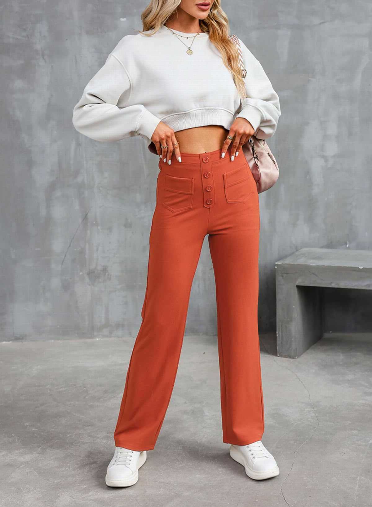 2023 Fashionable New Womens Casual Straight Leg Pants with High Waist Button Elastic Belt and Multiple Pockets