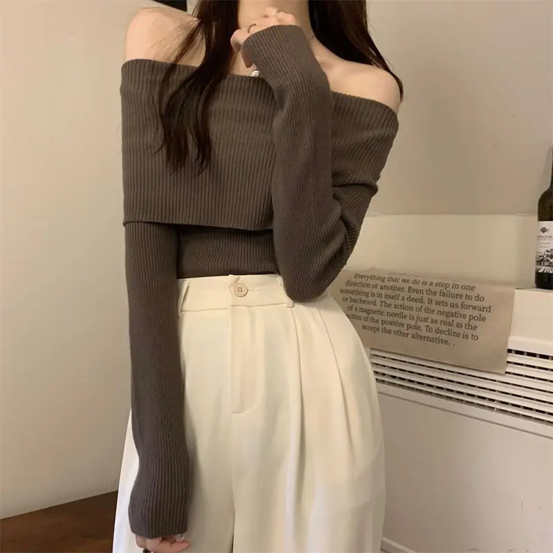 Autumn and Winter Womens Long Sleeved Pullover Off Shoulder Sweater Screw Thread Solid Color Slim Fit Knitted Tops 250103