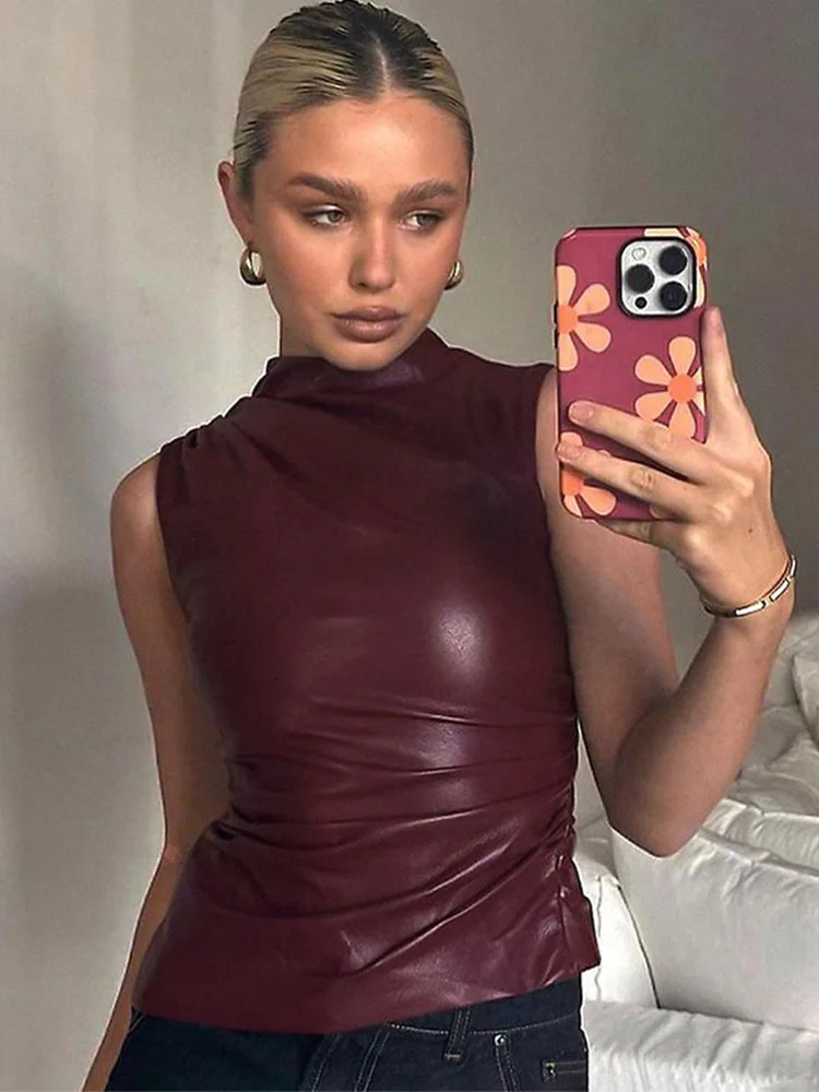 Womens Y2K Retro Pu Simple Basic Tank Top High Waist Tight Cut Sleeveless Top Versatile Shirt 250103
