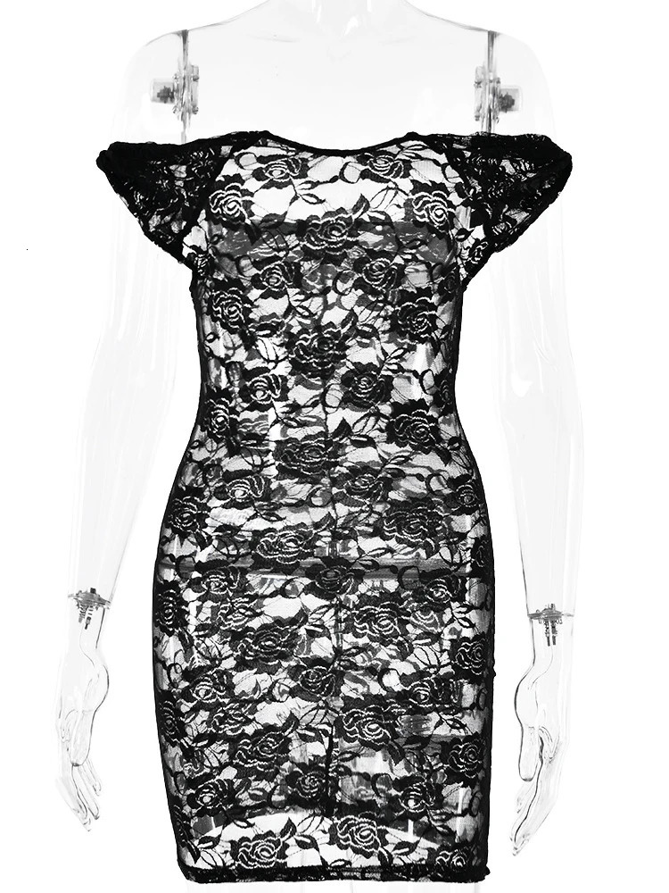 Sibybo Sexy Suspenders See Through Lace Hollow Out Mini Dress Basic Solid Color High Waist Splice Dresses Summer Women Clothes 250103