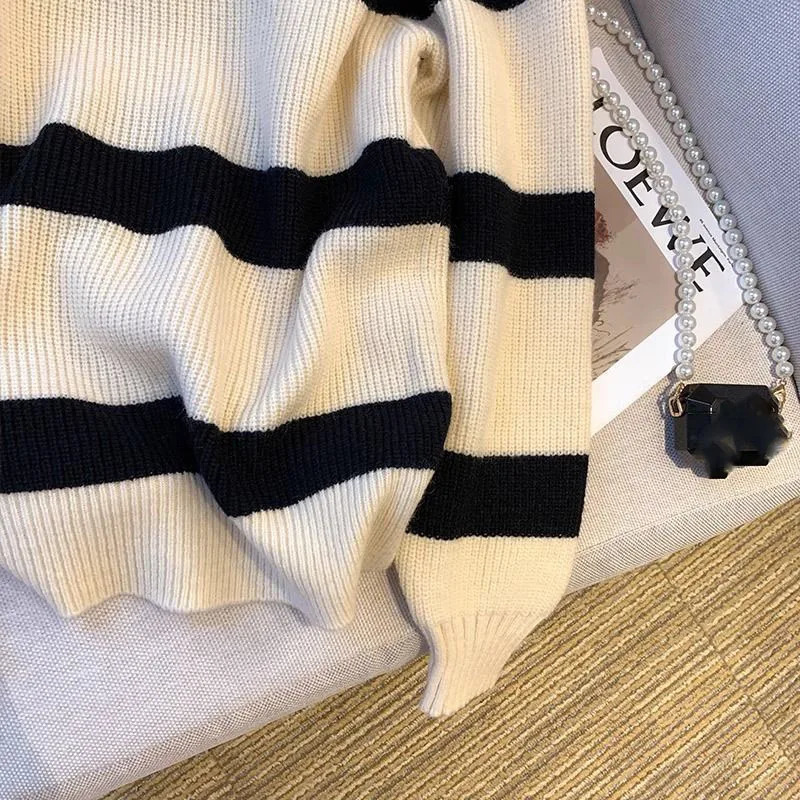 Lucyever Womens Turndown Collar Striped Sweater Vintage Loose Long Sleeve Knitwear Female Autumn Winter Warm Knitted Jumper Top 250103