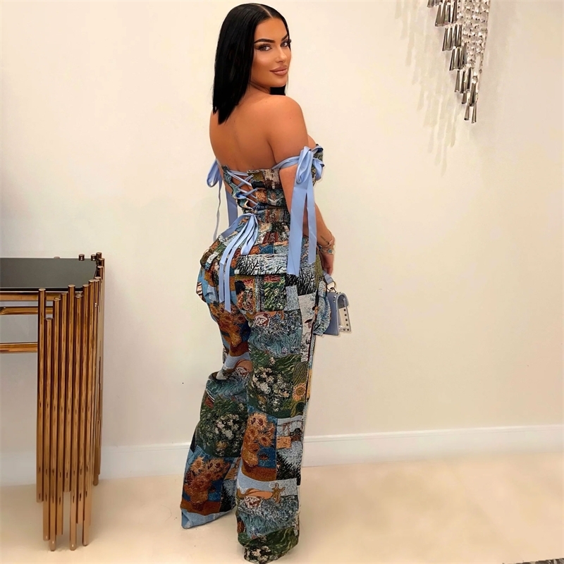 Women Tracksuits Two Pieces Set 2025 New Fashion Printed Oil Painting Pattern Strap Drawstring Multi Pocket Pants Set