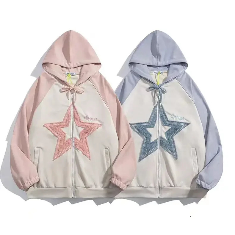 Embroidered Flocking Hoodies Women Clothing High Street Vintage Hip Hop Stitching Zip Up Hoodie Woman Loose Casual Clothes Tops 250106